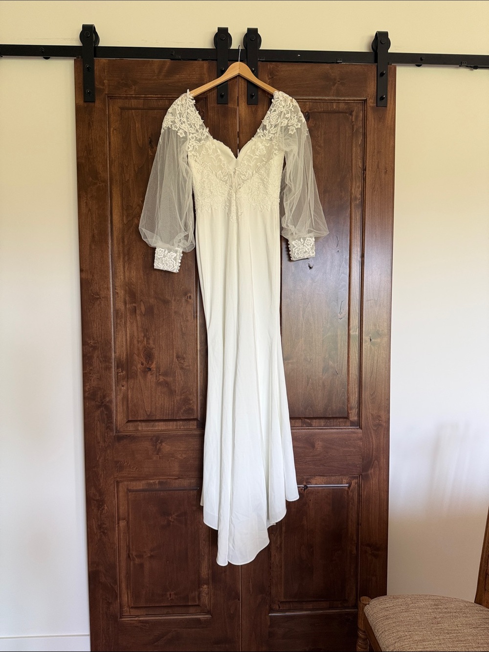 Lulu's Ivory Lace V-Neck Wedding Gown with Sheer Puff Sleeves